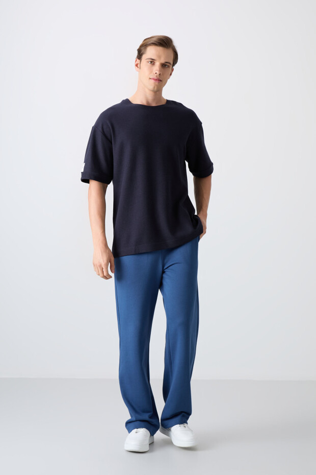 Lacivert Pamuklu Kalın Yüzeyi Dokulu Oversize Fit Basic Erkek T-Shirt - 88339