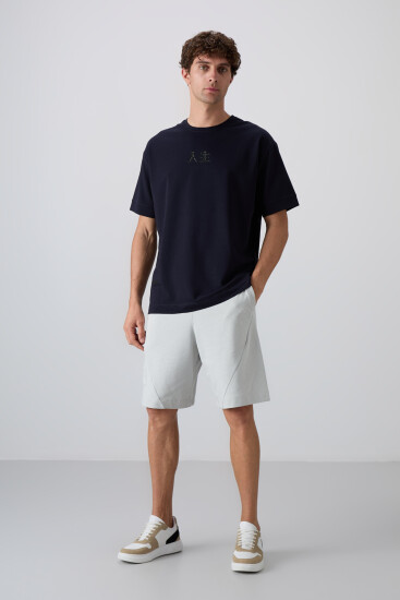 Lacivert Pamuklu Kalın Yumuşak Dokulu Oversize Fit Baskılı Erkek T-Shirt - 88342 - TOMMYLIFE (1)
