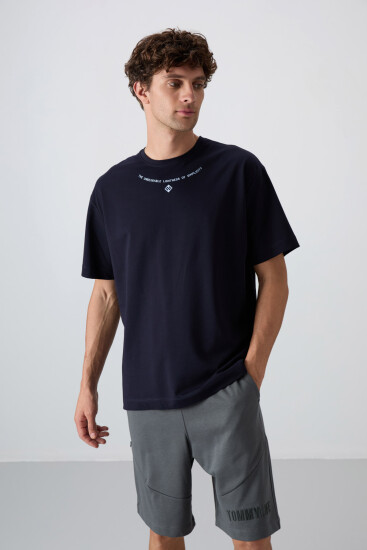 Lacivert Pamuklu Kalın Yumuşak Dokulu Oversize Fit Baskılı Erkek T-Shirt - 88343 