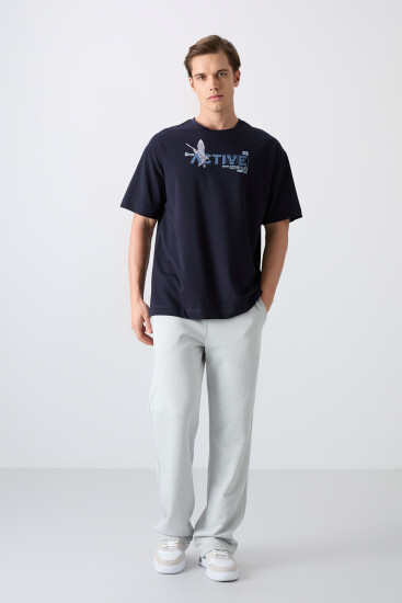 Lacivert Pamuklu Kalın Yumuşak Dokulu Oversize Fit Baskılı Erkek T-Shirt - 88344 - TOMMYLIFE (1)
