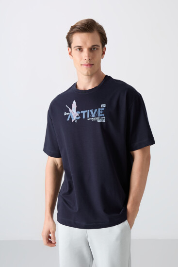 Lacivert Pamuklu Kalın Yumuşak Dokulu Oversize Fit Baskılı Erkek T-Shirt - 88344 