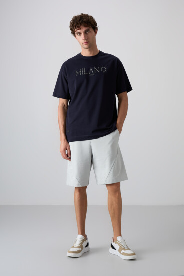 Lacivert Pamuklu Kalın Yumuşak Dokulu Oversize Fit Baskılı Erkek T-Shirt - 88345 - TOMMYLIFE (1)