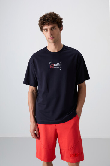 Lacivert Pamuklu Kalın Yumuşak Dokulu Oversize Fit Baskılı Erkek T-Shirt - 88350 