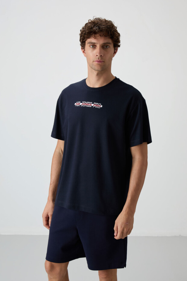 Lacivert Pamuklu Kalın Yüzeyi Dokulu Oversize Fit Baskılı Erkek T-Shirt - 88365 - 4