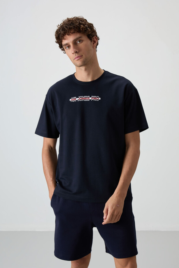 Lacivert Pamuklu Kalın Yüzeyi Dokulu Oversize Fit Baskılı Erkek T-Shirt - 88365
