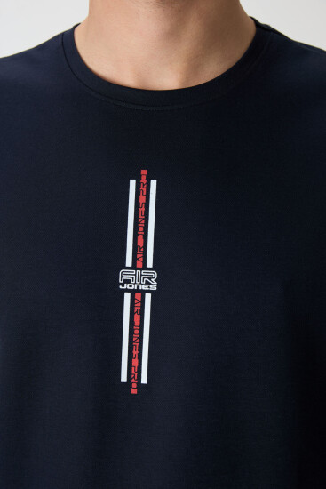 Lacivert Pamuklu Kalın Yüzeyi Dokulu Oversize Fit Baskılı Erkek T-Shirt - 88366 - Air Jones (1)