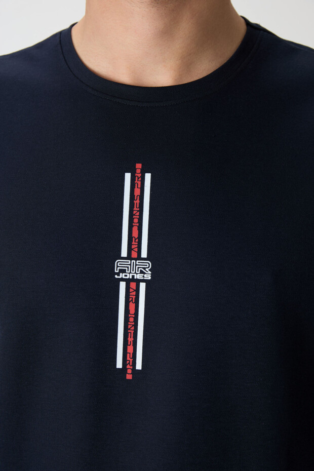 Lacivert Pamuklu Kalın Yüzeyi Dokulu Oversize Fit Baskılı Erkek T-Shirt - 88366 - 2