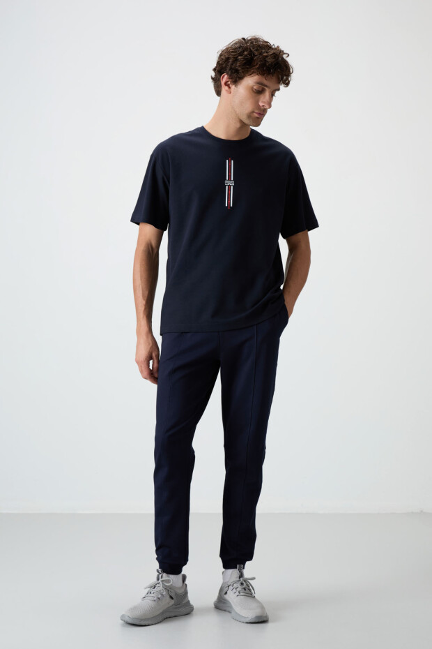 Lacivert Pamuklu Kalın Yüzeyi Dokulu Oversize Fit Baskılı Erkek T-Shirt - 88366 - 3