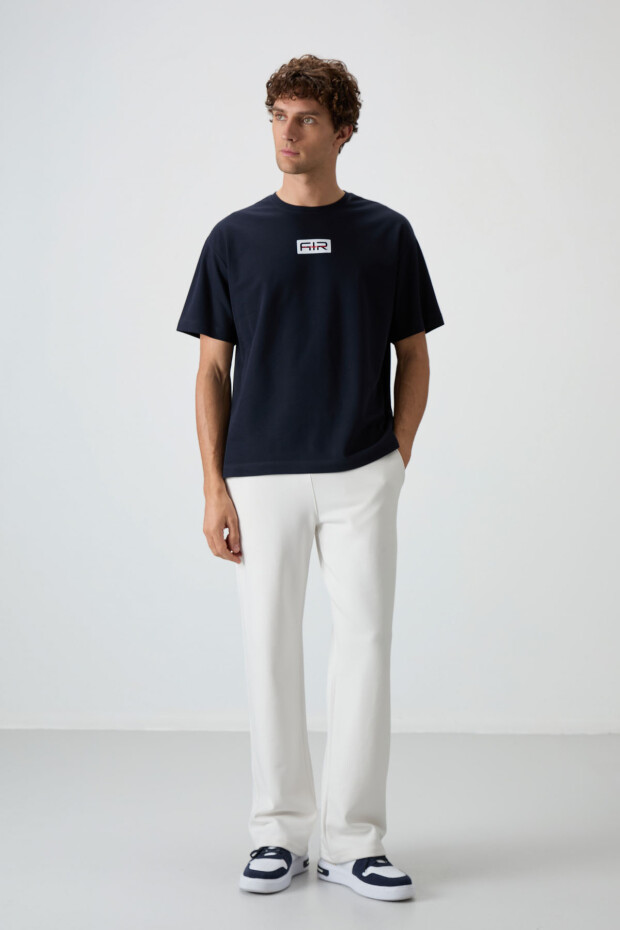 Lacivert Pamuklu Kalın Yüzeyi Dokulu Oversize Fit Baskılı Erkek T-Shirt - 88367 - 3