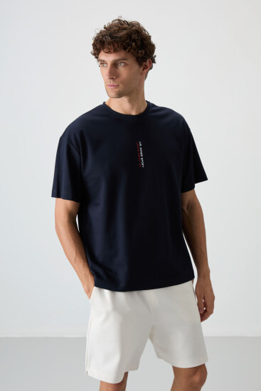 Lacivert Pamuklu Kalın Yüzeyi Dokulu Oversize Fit Baskılı Erkek T-Shirt - 88368 