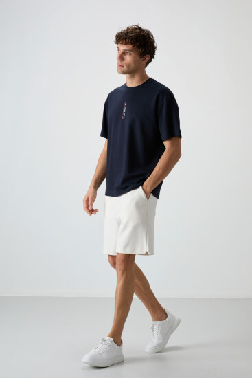 Lacivert Pamuklu Kalın Yüzeyi Dokulu Oversize Fit Baskılı Erkek T-Shirt - 88368 - Air Jones (1)