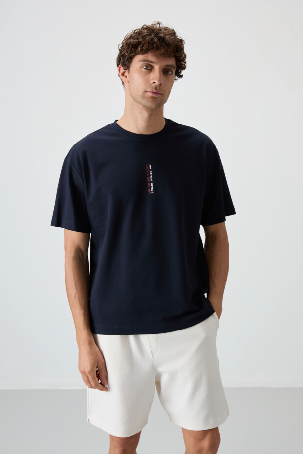 Lacivert Pamuklu Kalın Yüzeyi Dokulu Oversize Fit Baskılı Erkek T-Shirt - 88368 - 4