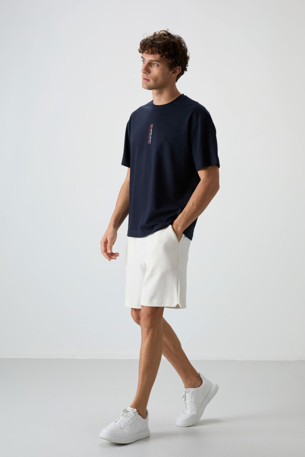 Lacivert Pamuklu Kalın Yüzeyi Dokulu Oversize Fit Baskılı Erkek T-Shirt - 88368 - 2