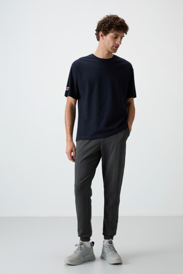 Lacivert Pamuklu Kalın Yüzeyi Dokulu Oversize Fit Baskılı Erkek T-Shirt - 88369 - Air Jones (1)