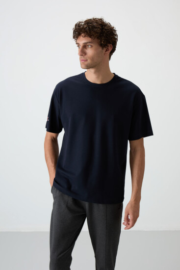 Lacivert Pamuklu Kalın Yüzeyi Dokulu Oversize Fit Baskılı Erkek T-Shirt - 88369 