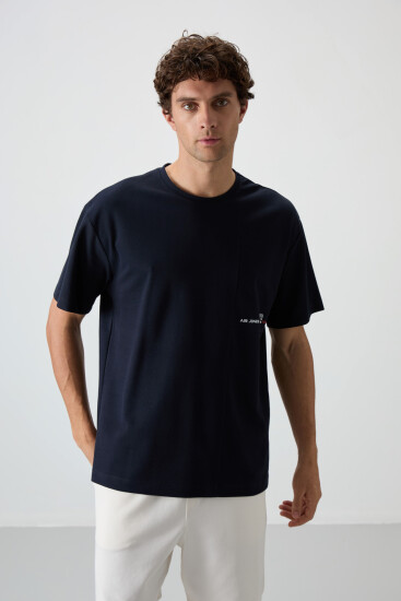 Lacivert Pamuklu Kalın Yüzeyi Dokulu Oversize Fit Baskılı Erkek T-Shirt - 88370 