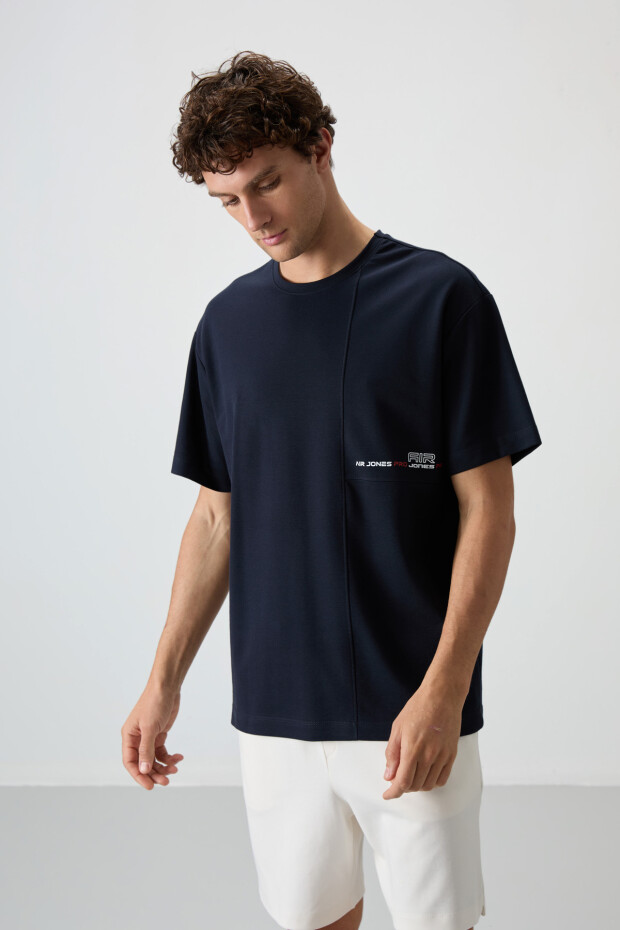 Lacivert Pamuklu Kalın Yüzeyi Dokulu Oversize Fit Baskılı Erkek T-Shirt - 88370