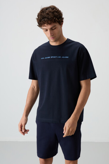 Lacivert Pamuklu Kalın Yüzeyi Dokulu Oversize Fit Baskılı Erkek T-Shirt - 88371 