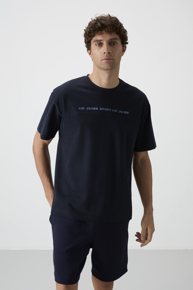 Lacivert Pamuklu Kalın Yüzeyi Dokulu Oversize Fit Baskılı Erkek T-Shirt - 88371