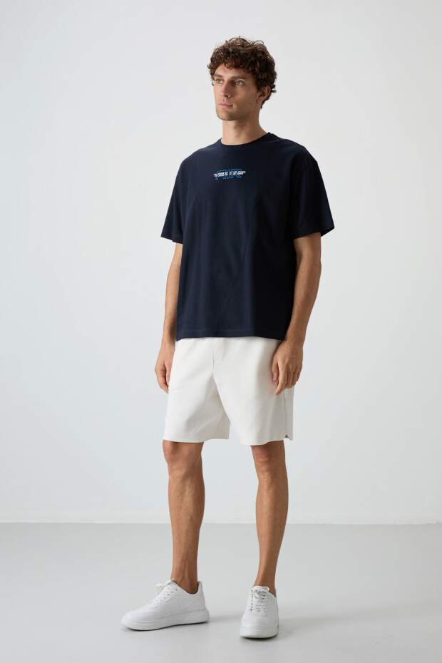 Lacivert Pamuklu Kalın Yüzeyi Dokulu Oversize Fit Baskılı Erkek T-Shirt - 88372
