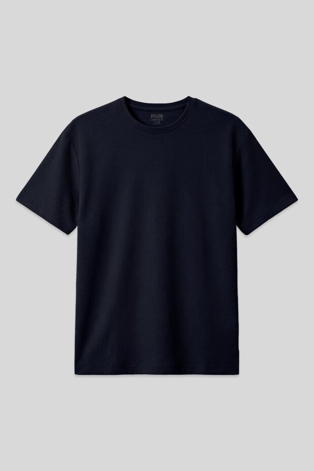 Lacivert Waffle İnterlok Yüzeyi Dokulu Oversize Fit Basic Erkek T-Shirt - 88379 - 1