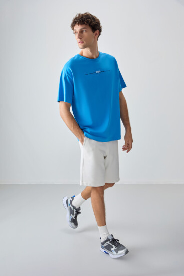 Petrol Mavi %100 Pamuk Kalın Yumuşak Dokulu Oversize Fit Baskılı Erkek T-Shirt - 88357 - Air Jones (1)