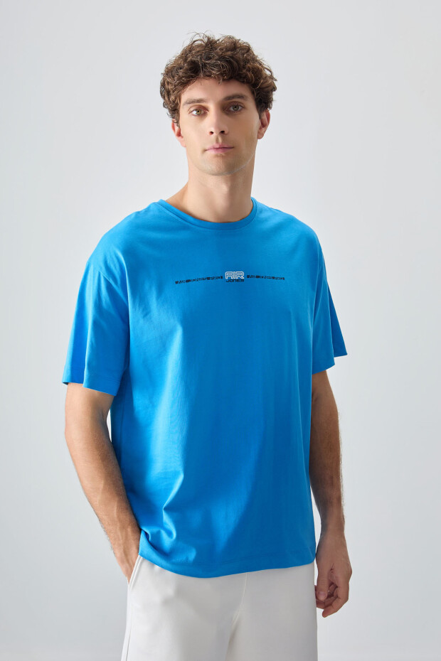 Petrol Mavi %100 Pamuk Kalın Yumuşak Dokulu Oversize Fit Baskılı Erkek T- Shirt - 88357