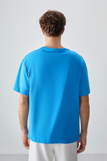 Petrol Mavi %100 Pamuk Kalın Yumuşak Dokulu Oversize Fit Baskılı Erkek T- Shirt - 88357 - Thumbnail