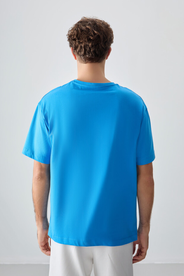 Petrol Mavi %100 Pamuk Kalın Yumuşak Dokulu Oversize Fit Baskılı Erkek T- Shirt - 88357