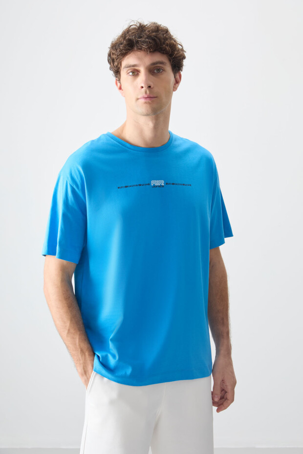 Petrol Mavi %100 Pamuk Kalın Yumuşak Dokulu Oversize Fit Baskılı Erkek T-Shirt - 88357
