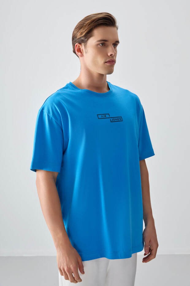 Petrol Mavi %100 Pamuk Kalın Yumuşak Dokulu Oversize Fit Baskılı Erkek T-Shirt - 88361 - 4