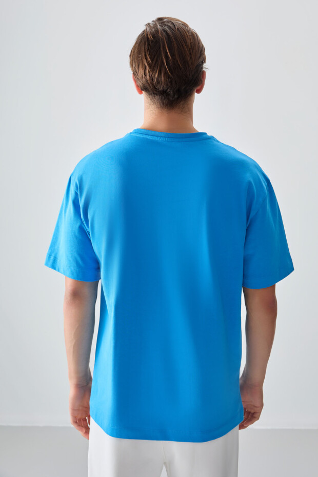 Petrol Mavi %100 Pamuk Kalın Yumuşak Dokulu Oversize Fit Baskılı Erkek T-Shirt - 88361