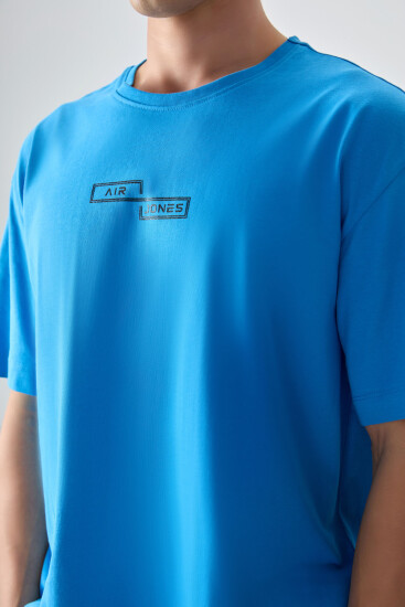 Petrol Mavi %100 Pamuk Kalın Yumuşak Dokulu Oversize Fit Baskılı Erkek T-Shirt - 88361 - Thumbnail