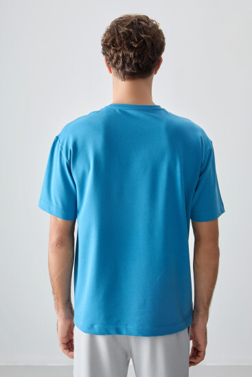 Petrol Mavi Pamuklu Kalın Yumuşak Dokulu Oversize Fit Basic Erkek T-Shirt - 88377 - Thumbnail
