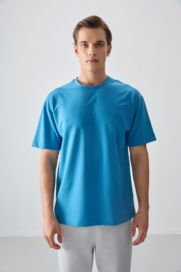 Petrol Mavi Pamuklu Kalın Yumuşak Dokulu Oversize Fit Basic Erkek T-Shirt - 88378