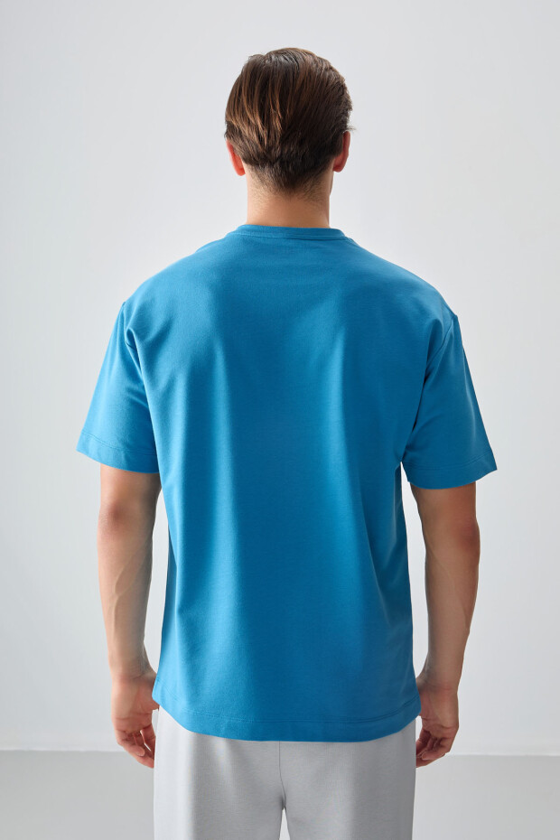 Petrol Mavi Pamuklu Kalın Yumuşak Dokulu Oversize Fit Basic Erkek T-Shirt - 88378