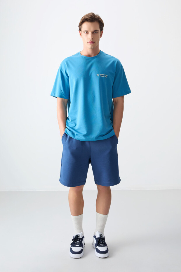 Petrol Mavi Pamuklu Kalın Yumuşak Dokulu Oversize Fit Baskılı Erkek T-Shirt - 88375 - 2