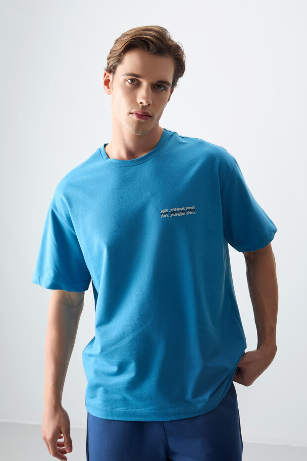 Petrol Mavi Pamuklu Kalın Yumuşak Dokulu Oversize Fit Baskılı Erkek T-Shirt - 88375 - 4
