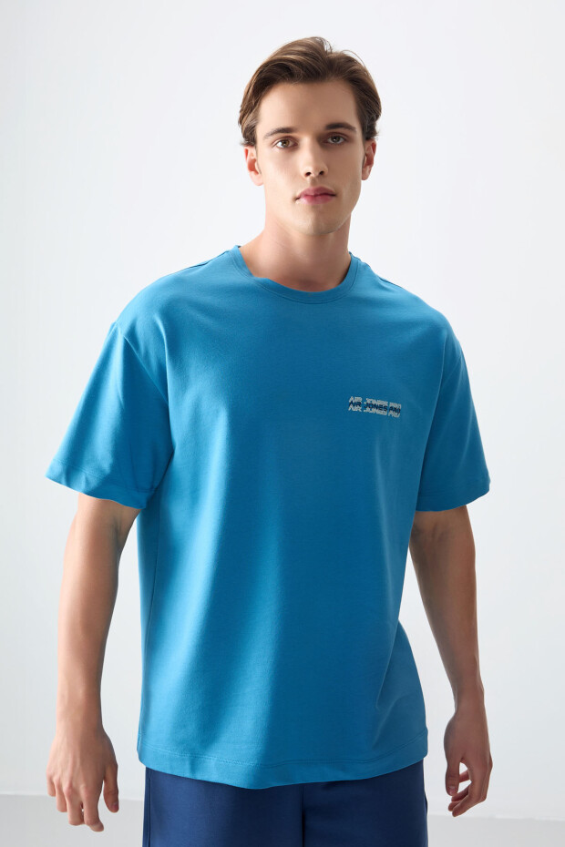 Petrol Mavi Pamuklu Kalın Yumuşak Dokulu Oversize Fit Baskılı Erkek T-Shirt - 88375 - 1