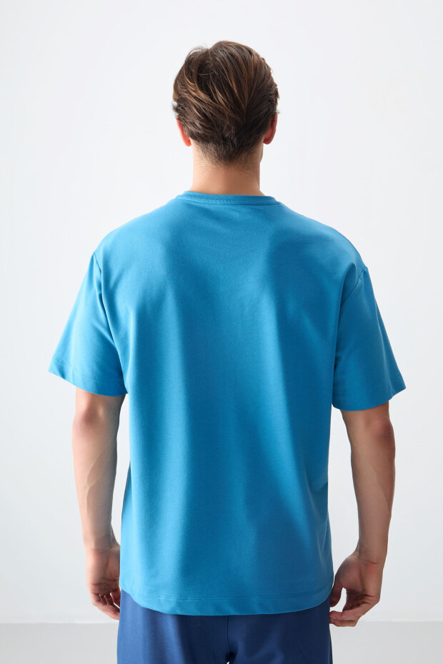 Petrol Mavi Pamuklu Kalın Yumuşak Dokulu Oversize Fit Baskılı Erkek T-Shirt - 88375