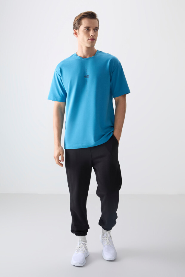 Petrol Mavi Pamuklu Kalın Yumuşak Dokulu Oversize Fit Baskılı Erkek T-Shirt - 88373 - 4
