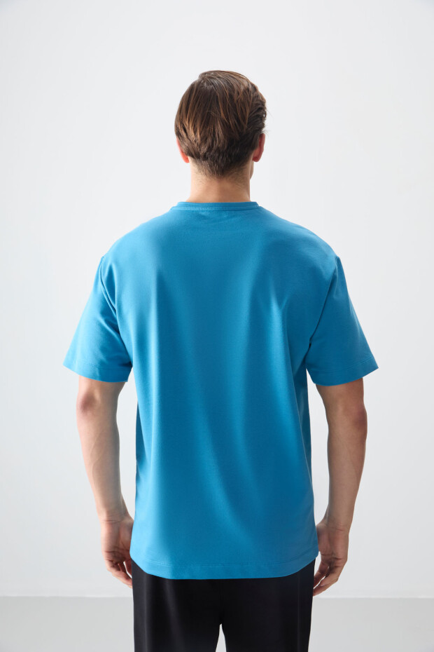 Petrol Mavi Pamuklu Kalın Yumuşak Dokulu Oversize Fit Baskılı Erkek T-Shirt - 88373 - 5