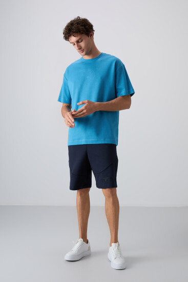 Petrol Mavi Pamuklu Kalın Yumuşak Dokulu Oversize Fit Baskılı Erkek T-Shirt - 88324 - TOMMYLIFE (1)