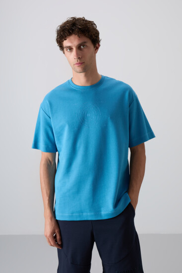 Petrol Mavi Pamuklu Kalın Yumuşak Dokulu Oversize Fit Baskılı Erkek T-Shirt - 88324 