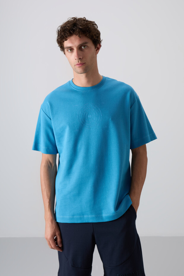 Petrol Mavi Pamuklu Kalın Yumuşak Dokulu Oversize Fit Baskılı Erkek T-Shirt - 88324