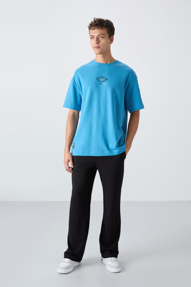 Petrol Mavi Pamuklu Kalın Yumuşak Dokulu Oversize Fit Baskılı Erkek T-Shirt - 88325