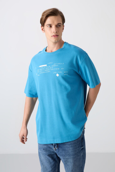 Petrol Mavi Pamuklu Kalın Yumuşak Dokulu Oversize Fit Baskılı Erkek T-Shirt - 88326 