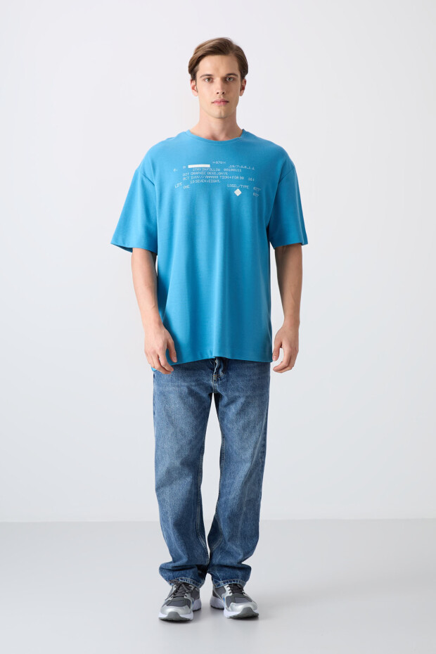 Petrol Mavi Pamuklu Kalın Yumuşak Dokulu Oversize Fit Baskılı Erkek T-Shirt - 88326