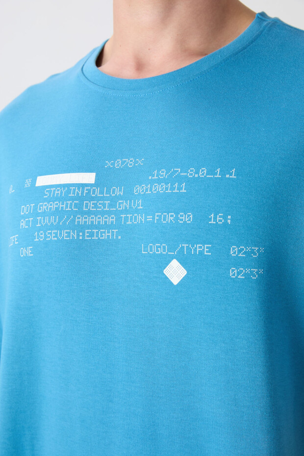 Petrol Mavi Pamuklu Kalın Yumuşak Dokulu Oversize Fit Baskılı Erkek T-Shirt - 88326
