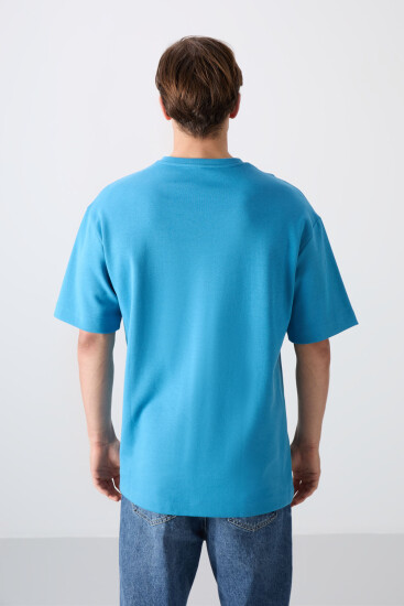 Petrol Mavi Pamuklu Kalın Yumuşak Dokulu Oversize Fit Baskılı Erkek T-Shirt - 88326 - Thumbnail